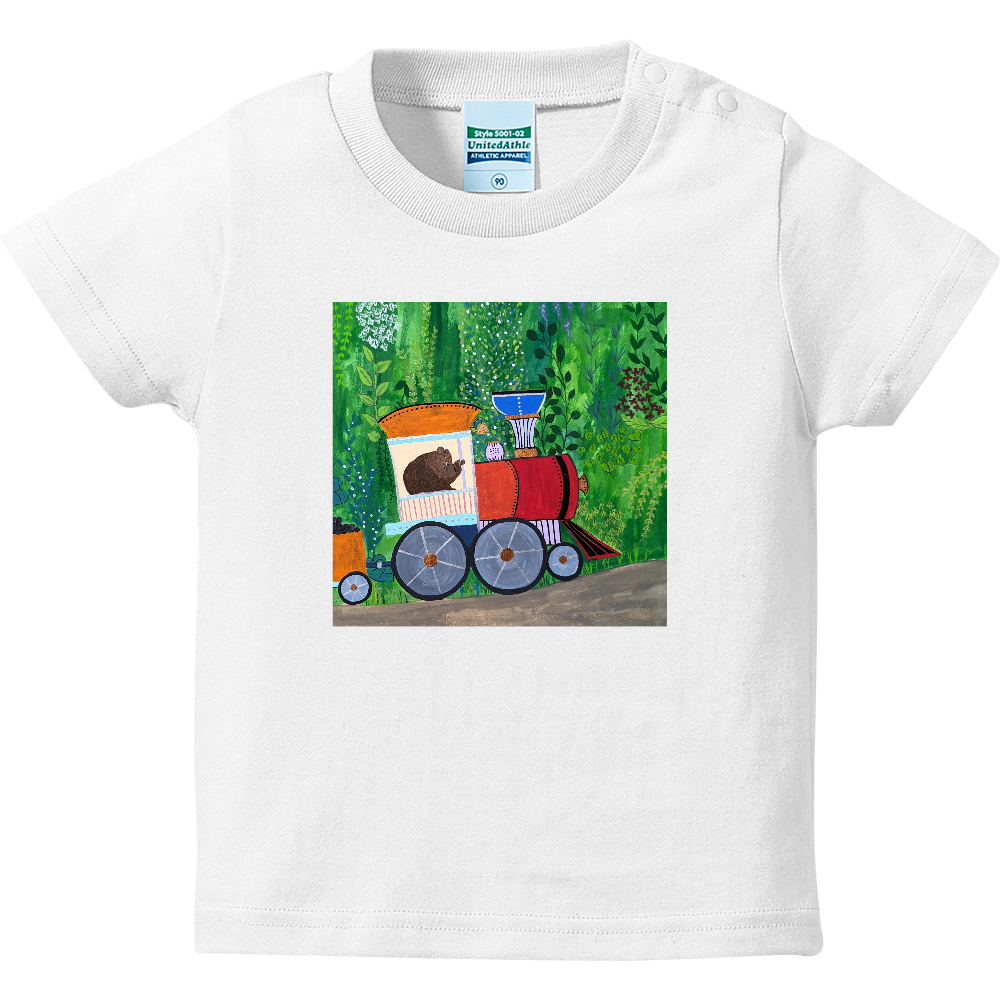 「着る絵本」ベビーTシャツ（白）❘ 第一章「機関車で」 ❘ 磁器絵付け作家デザイン・出産祝い・誕生日ギフト（90cm）