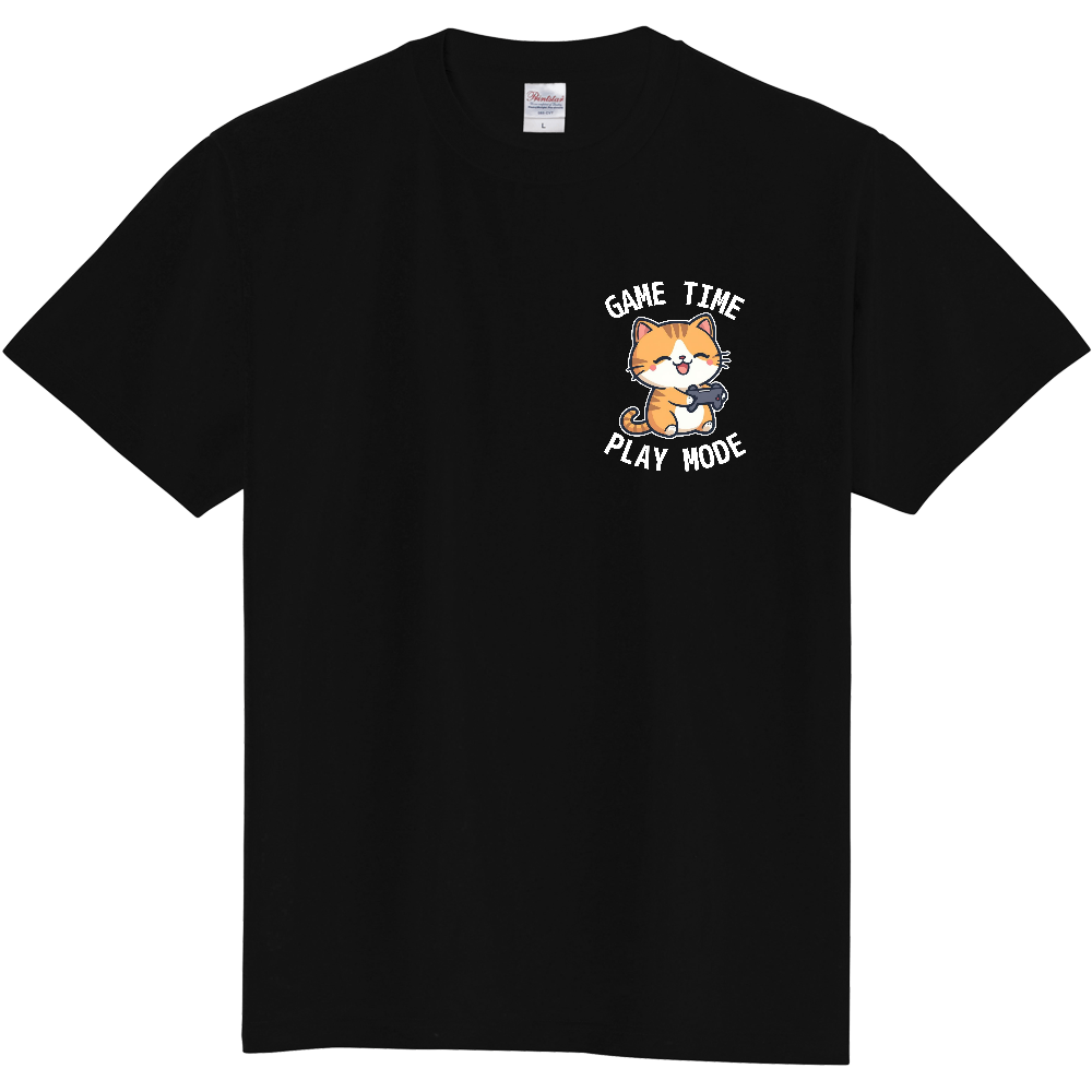 ゆるかわゲーム猫ワンポイントロゴTシャツ(白文字)