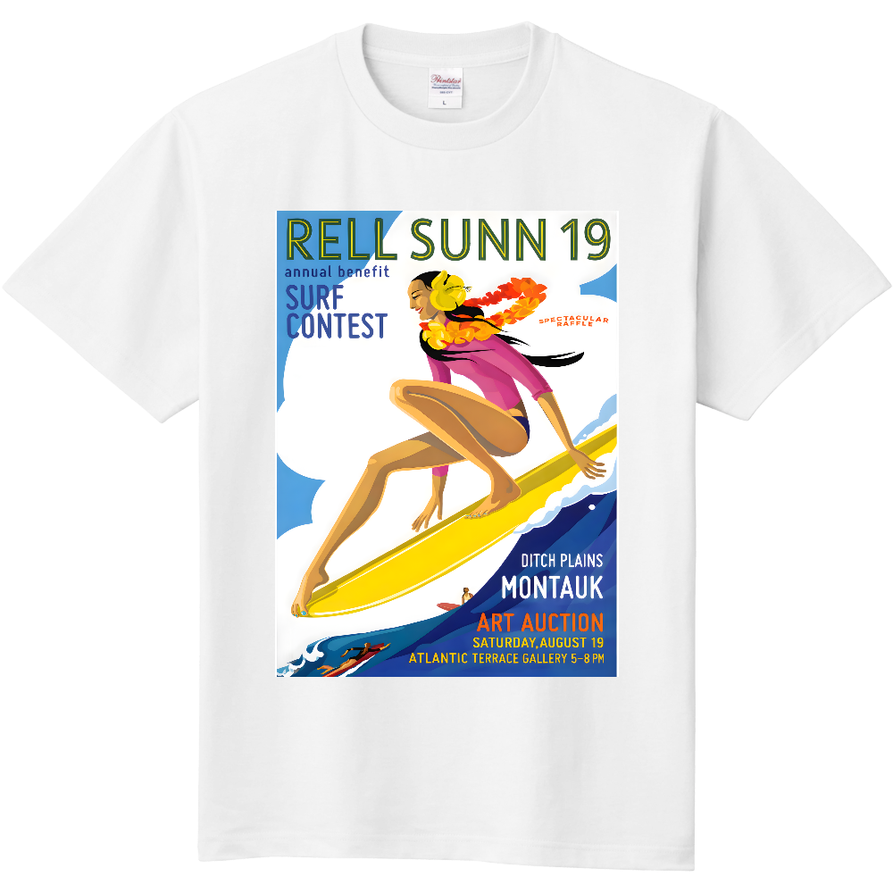 サーフコンテスト ヴィンテージポスター風 Tシャツ 女性サーファー アートT サーフカルチャー