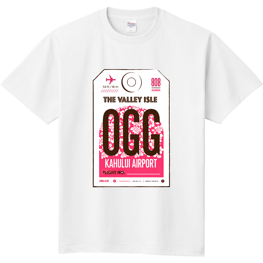 OGG カフルイ空港 Tシャツ｜ハワイ マウイ 島タグ風デザイン｜アロハ ピンク フローラル｜サーフ トラベル ヴィンテージ