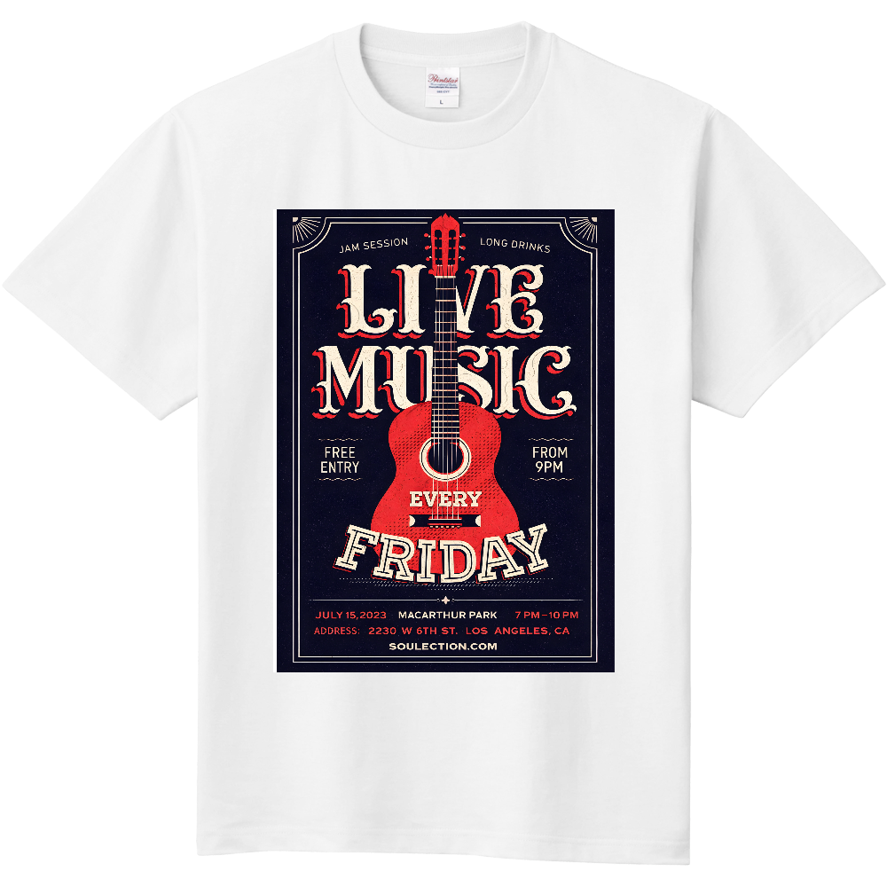 ライブミュージック レプリカ Tシャツ｜ギター ポスター グラフィック｜ジャムセッション フライデー｜ヴィンテージ 音楽デザイン