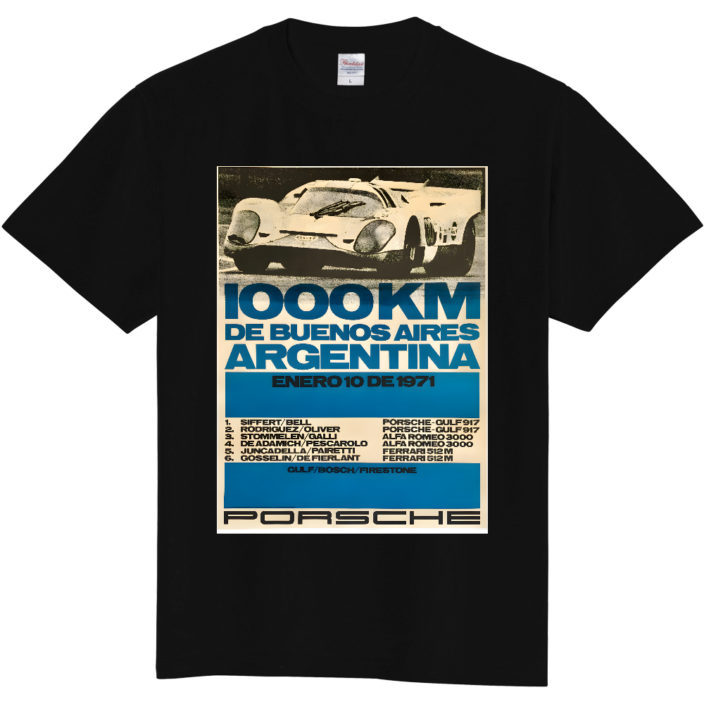 ポルシェ917 1971 ブエノスアイレス1000km ヴィンテージポスター風Tシャツ｜レーシングカー レトロアート レプリカ
