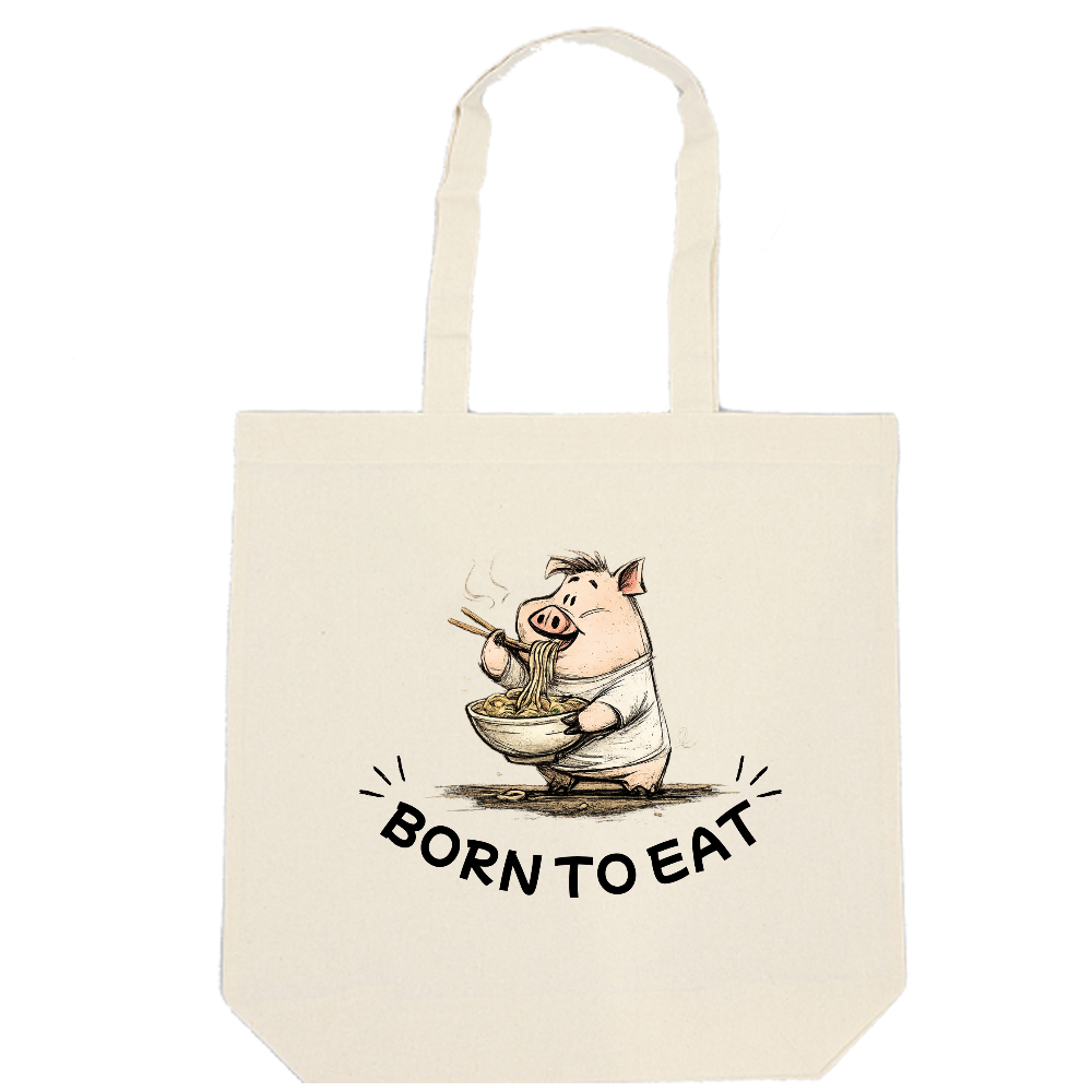 BORN TO EAT トートバッグ｜ラーメンを食べる豚のゆるイラスト