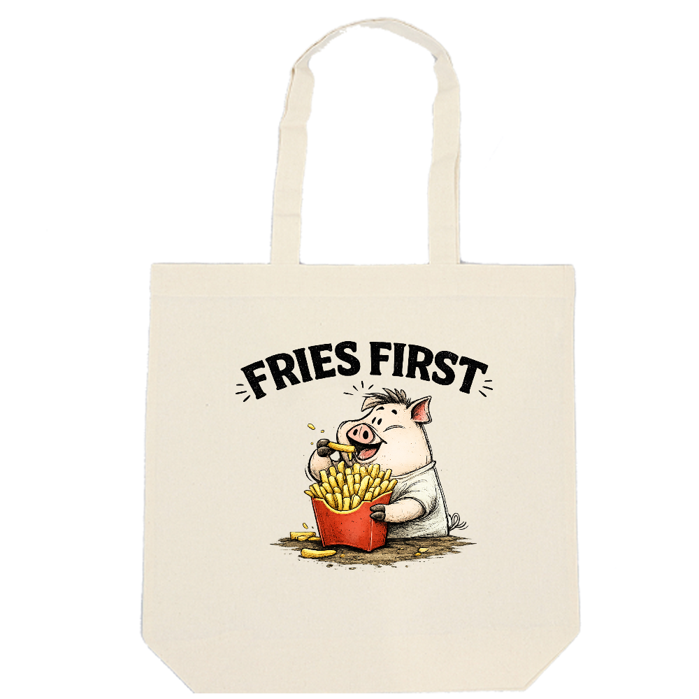 FRIES FIRST トートバッグ｜ポテトを食べる豚のゆるデザイン