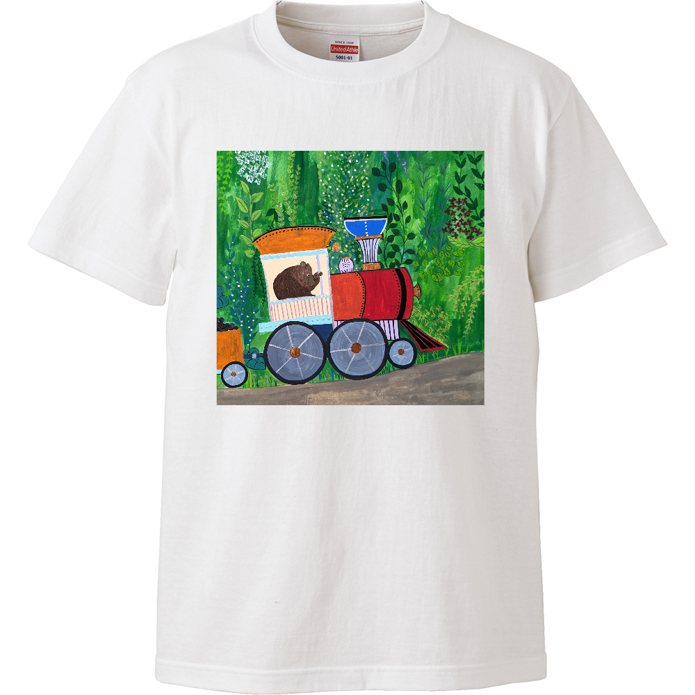 「着る絵本」キッズTシャツ（白）❘ 第一章「機関車で」 ❘ 磁器絵付け作家デザイン・出産祝い・誕生日ギフト（100cm〜160cm）