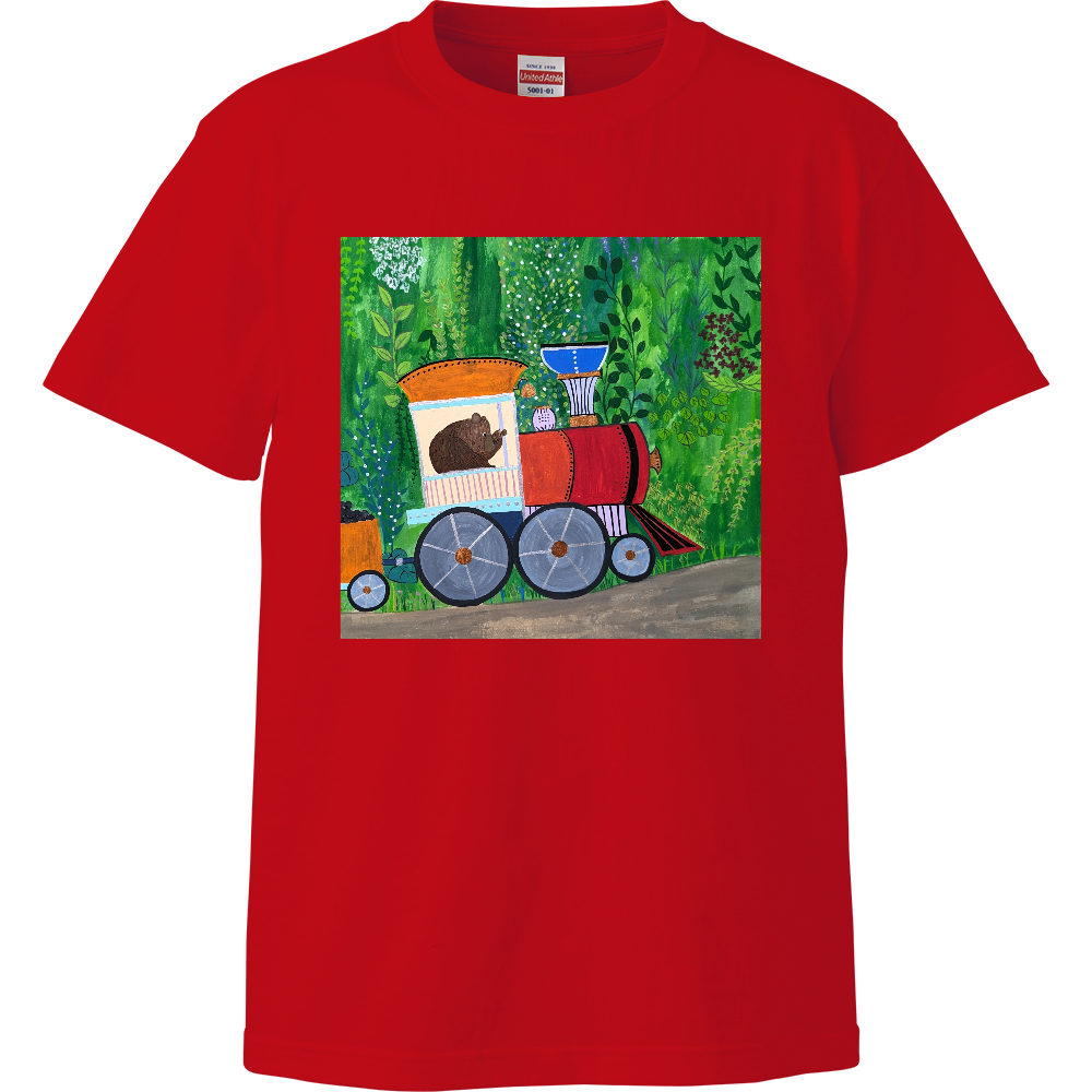 「着る絵本」キッズTシャツ（赤）❘ 第一章「機関車で」 ❘ 磁器絵付け作家デザイン・出産祝い・誕生日ギフト（100cm〜160cm）