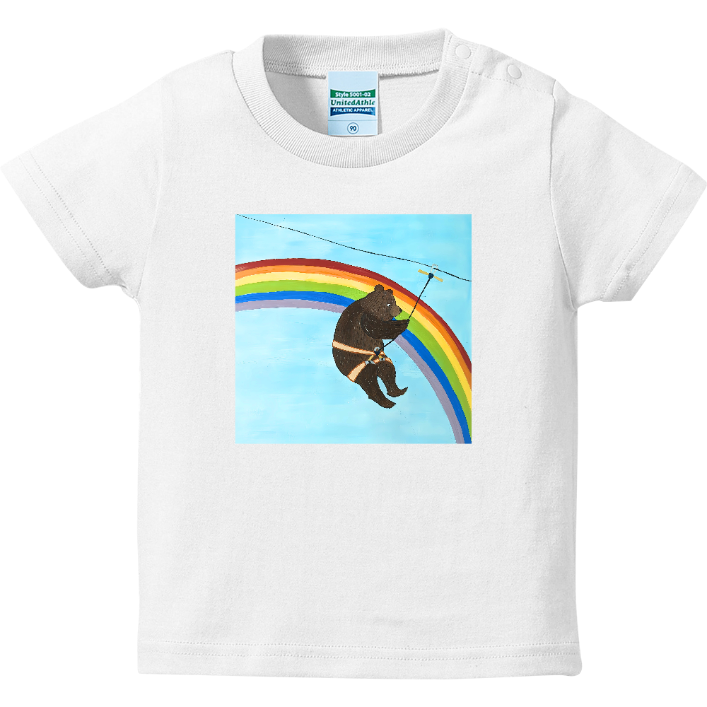 「着る絵本」ベビーTシャツ（白）❘第ニ章「ジップラインに乗って」❘ 磁器絵付け作家デザイン・出産祝い・誕生日ギフト（90cm））