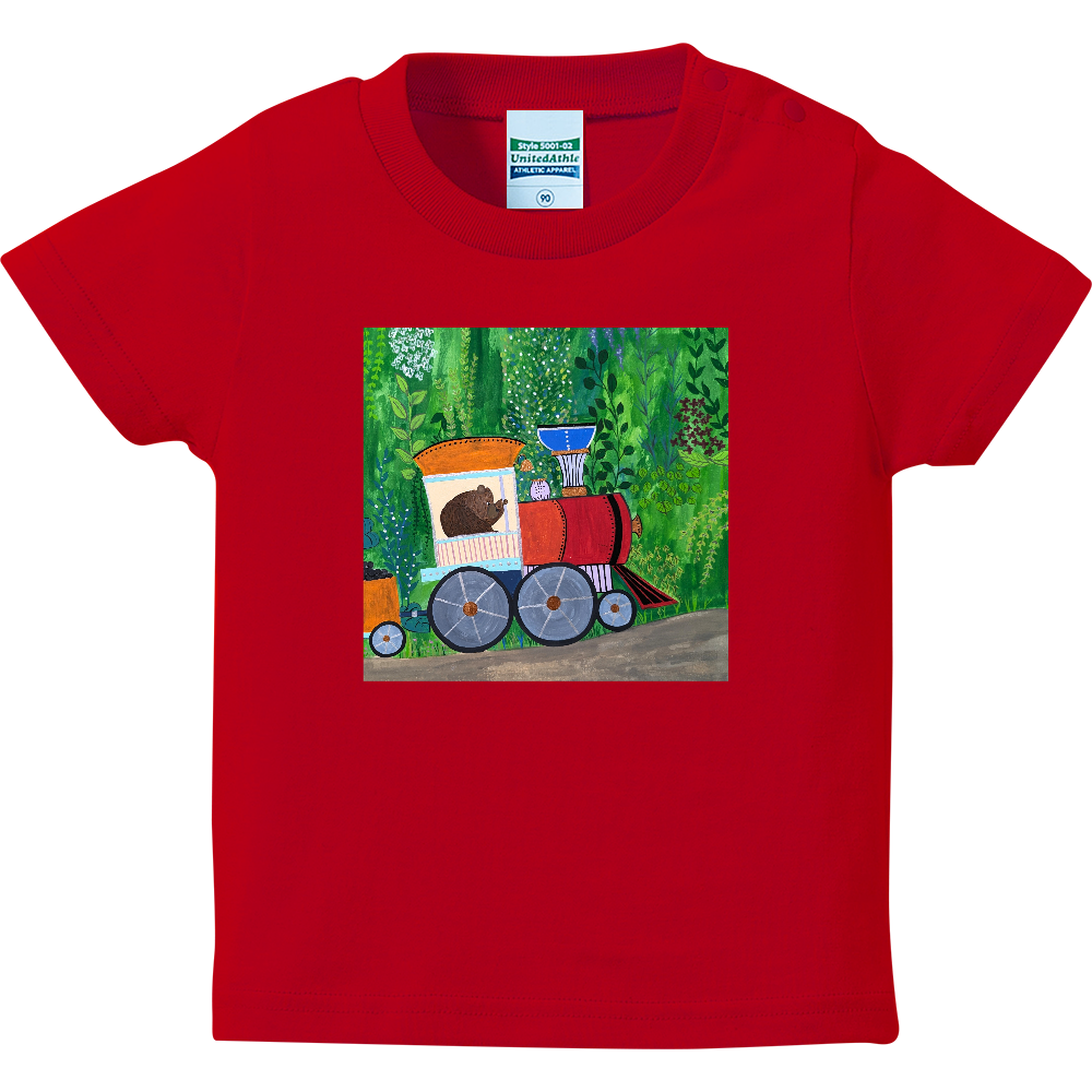 「着る絵本」ベビーTシャツ（赤）❘ 第一章-機関車で ❘ 磁器絵付け作家デザイン・出産祝い・誕生日ギフト（90cm）
