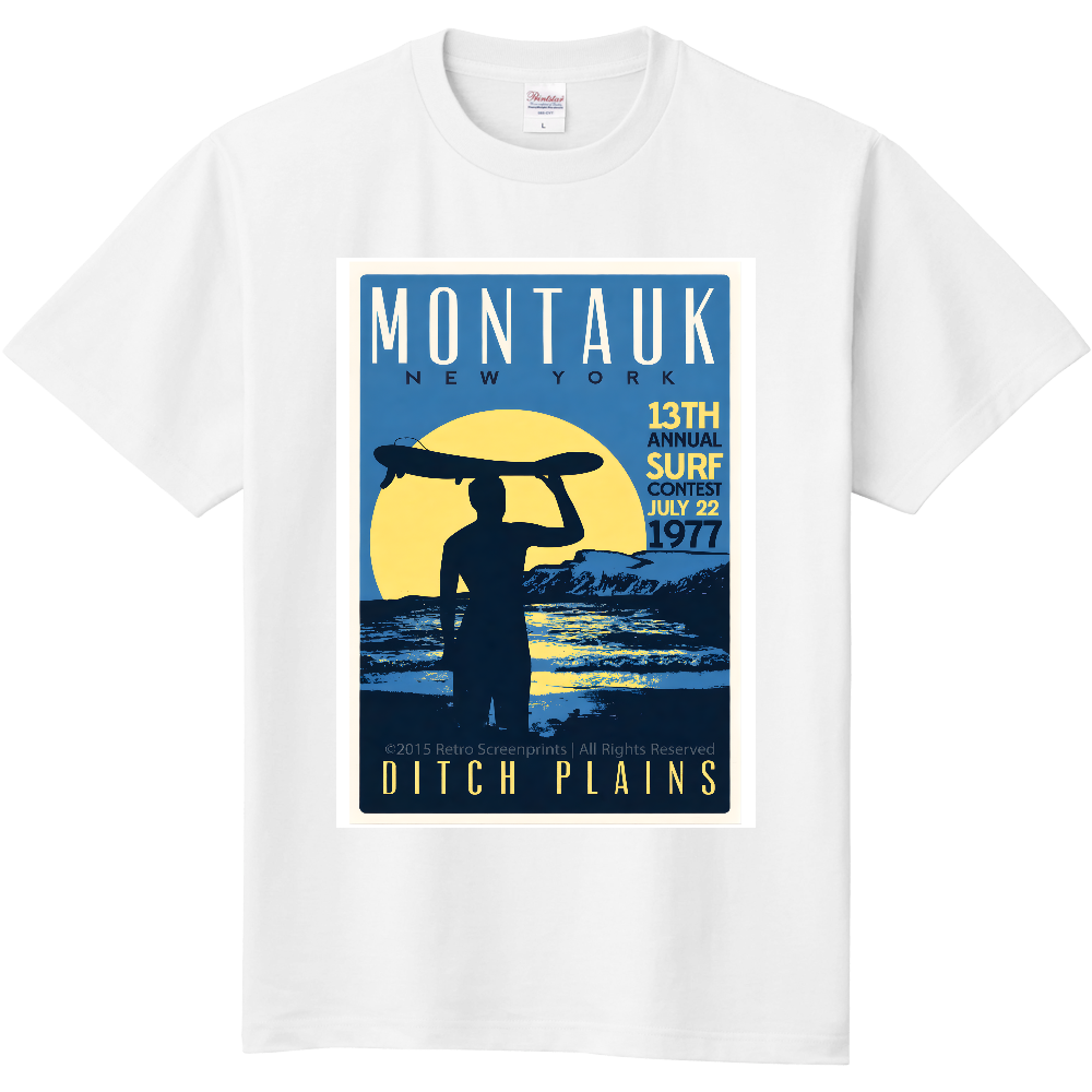MONTAUK ヴィンテージサーフポスター風Tシャツ｜ニューヨーク サーフカルチャー レトロデザイン NOTO DRY 日本製 レプリカ