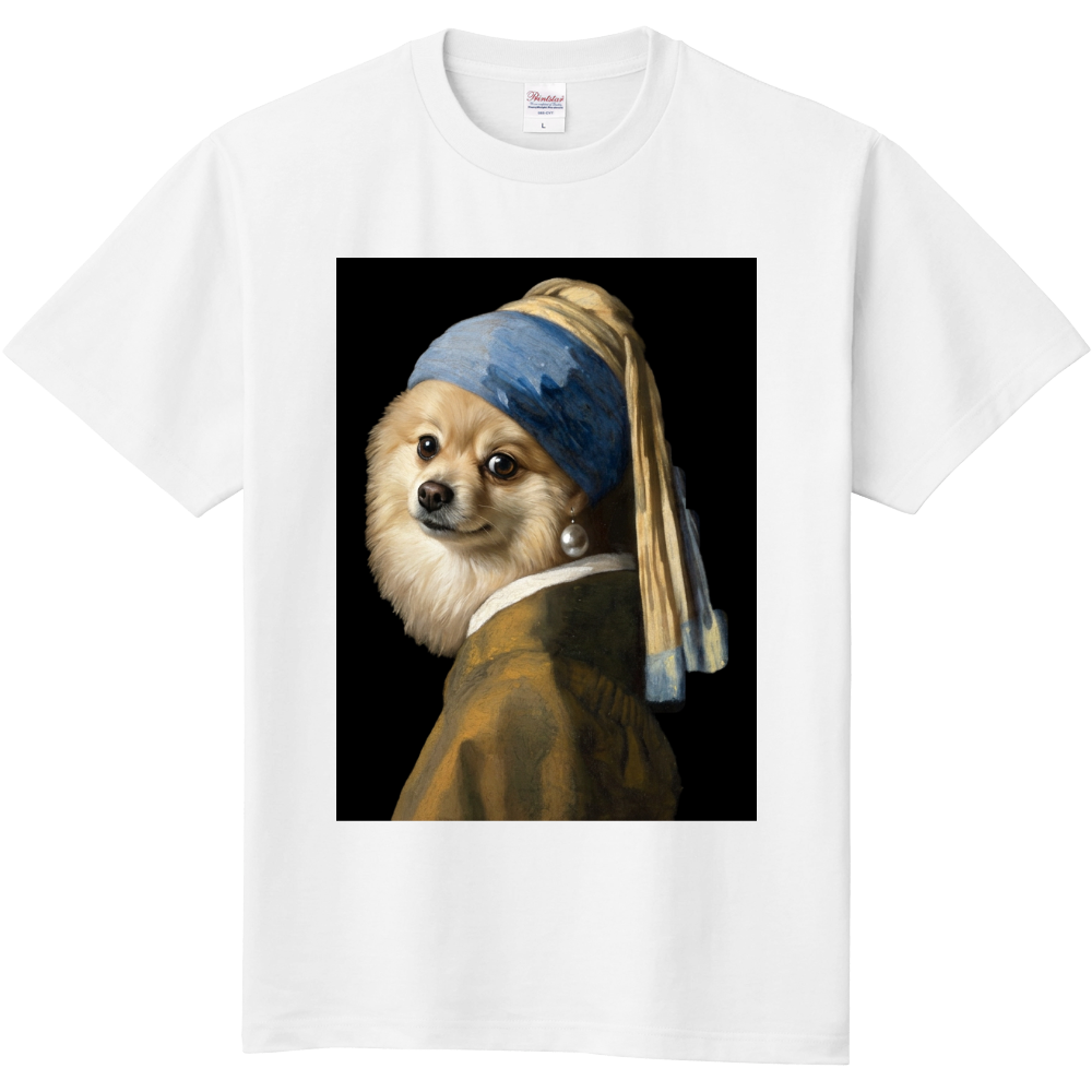 フェルメール風ポメラニアンの名画パロディーTシャツ