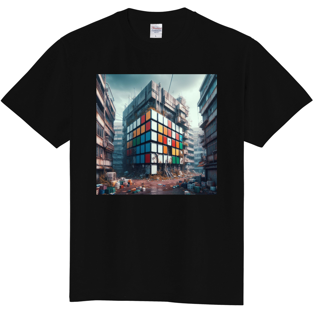 ルービックキューブが未来の街でビル！！　的なデザインTシャツ