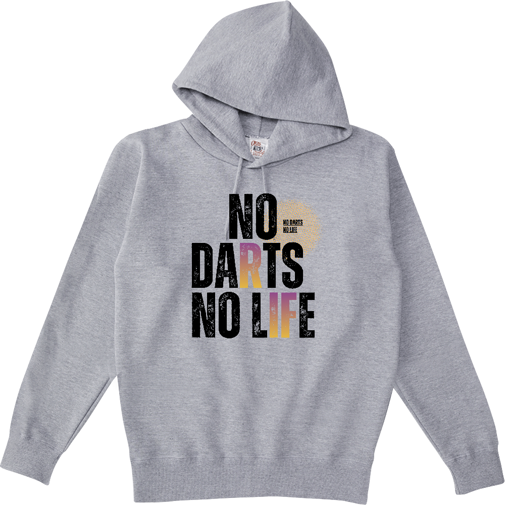 【NO DARTS NO LIFE】ヴィンテージ風 タイポグラフィ ポケットレスパーカー