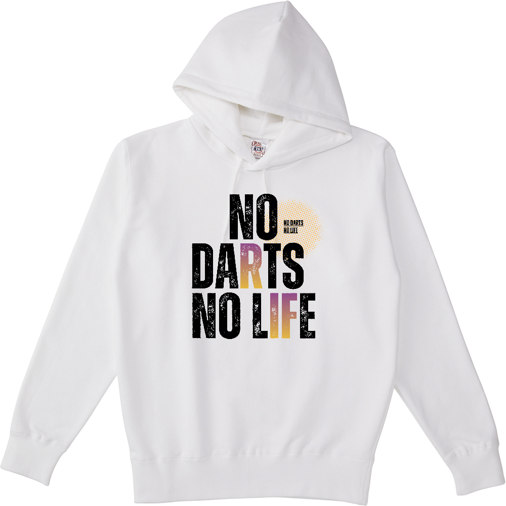 【NO DARTS NO LIFE】ヴィンテージ風 タイポグラフィ ポケットレスパーカー