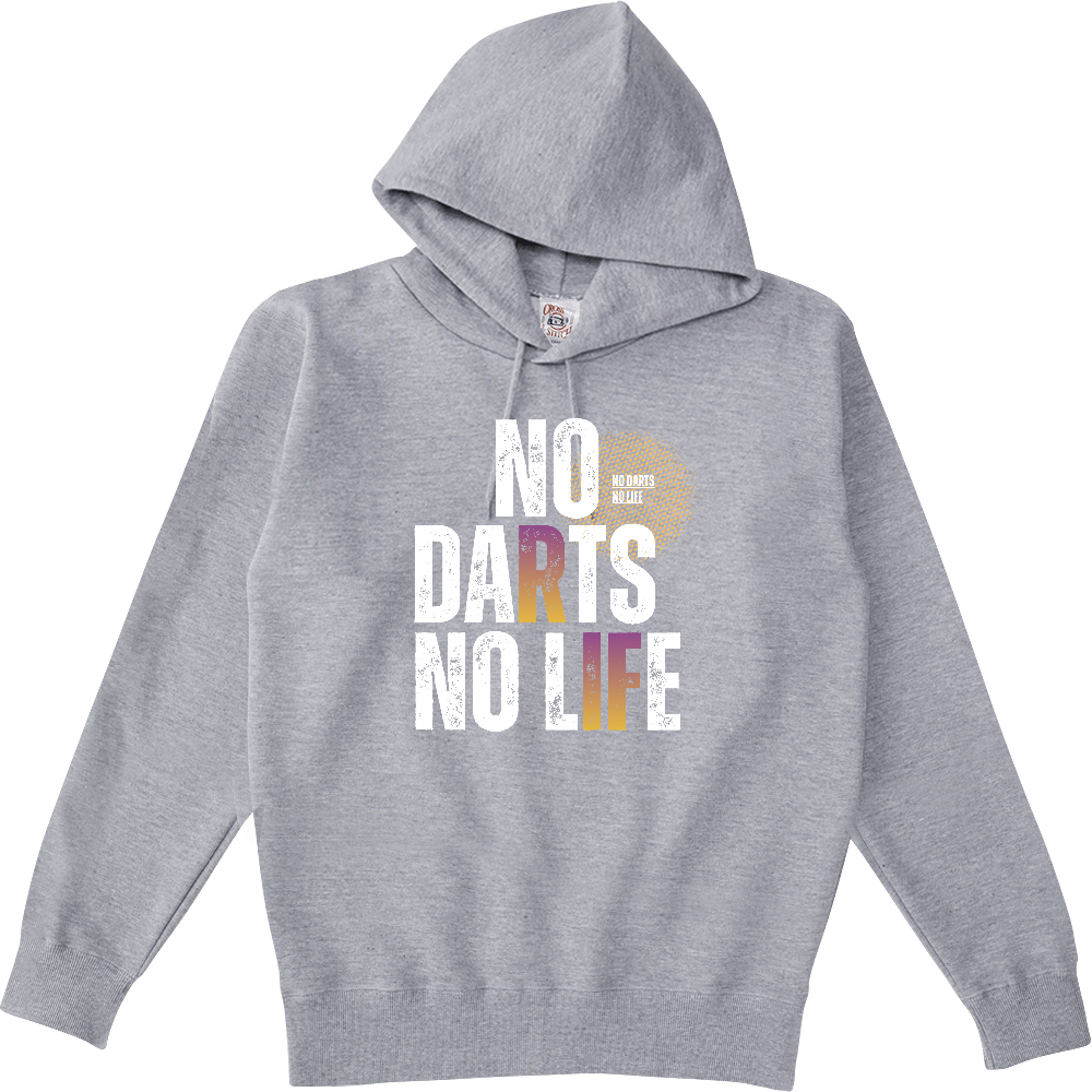 【NO DARTS NO LIFE】ヴィンテージ風 タイポグラフィ ポケットレスパーカー