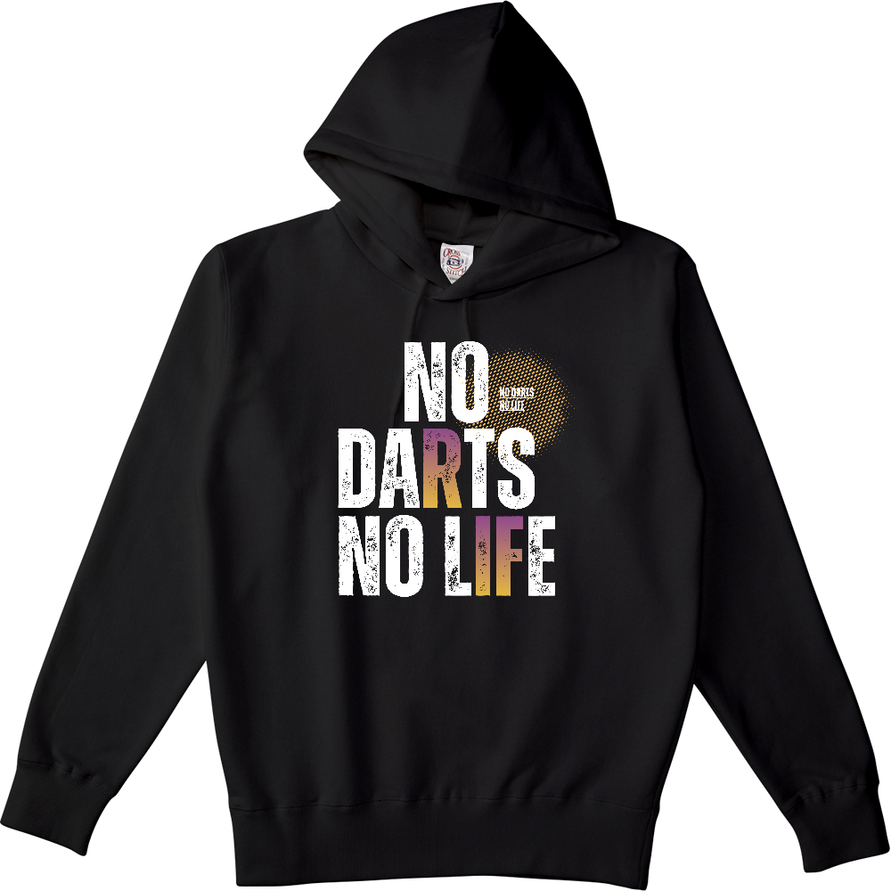 【NO DARTS NO LIFE】ヴィンテージ風 タイポグラフィ ポケットレスパーカー