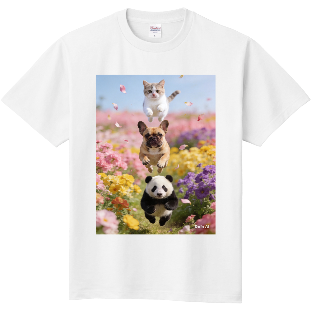 子猫と子犬とパンダの仲良し３段重なりTシャツ