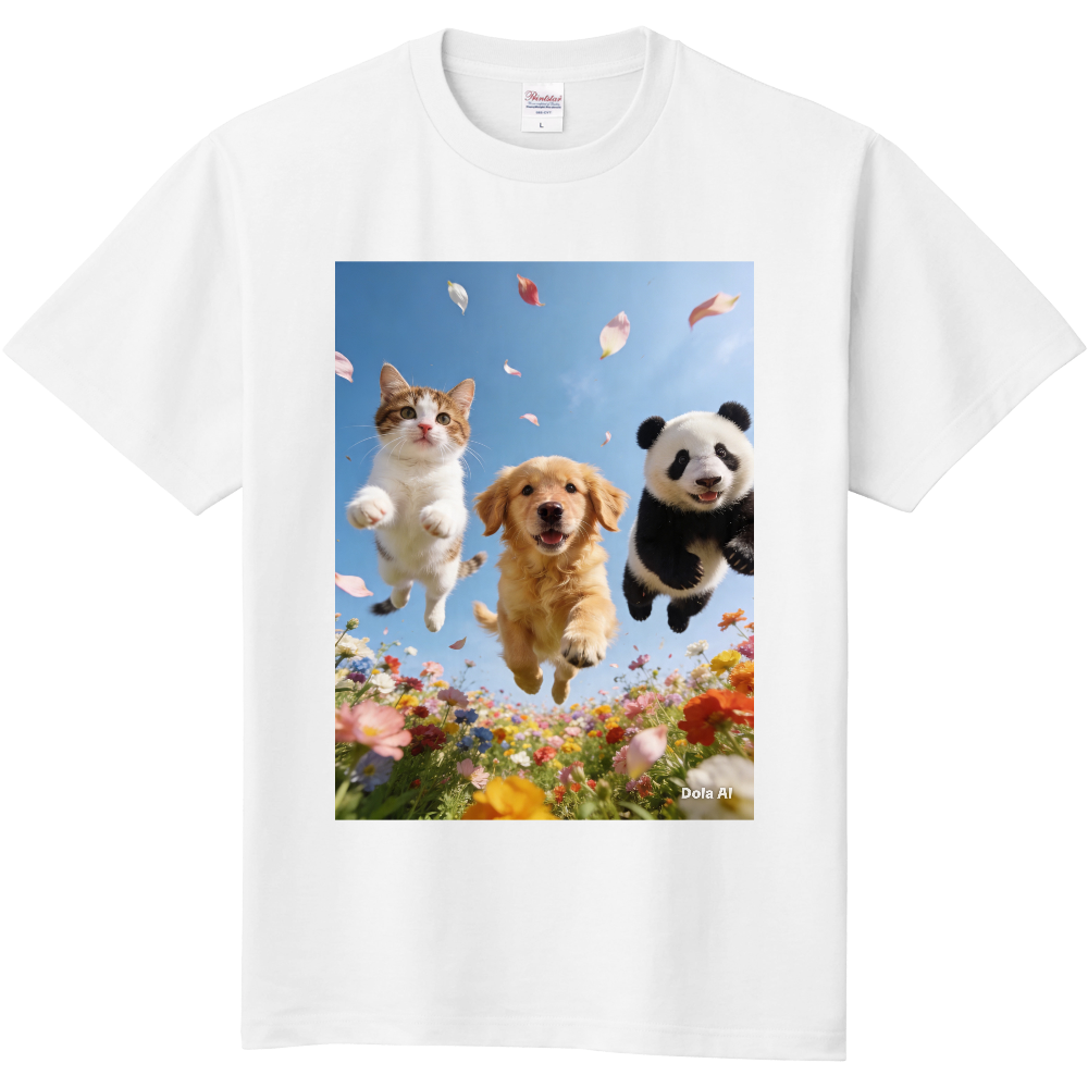 子猫と子犬とパンダの仲良しジャンプTシャツ