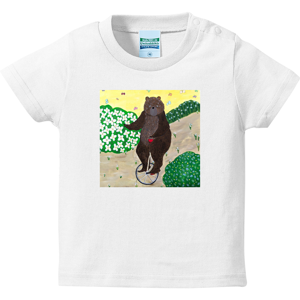 「着る絵本」ベビーTシャツ（白）❘第四章「一輪車で」❘ 磁器絵付け作家デザイン・出産祝い・誕生日ギフト（90cm））