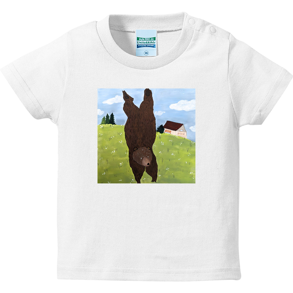 「着る絵本」ベビーTシャツ（白）❘第三章「逆立ちでも」❘ 磁器絵付け作家デザイン・出産祝い・誕生日ギフト（90cm））