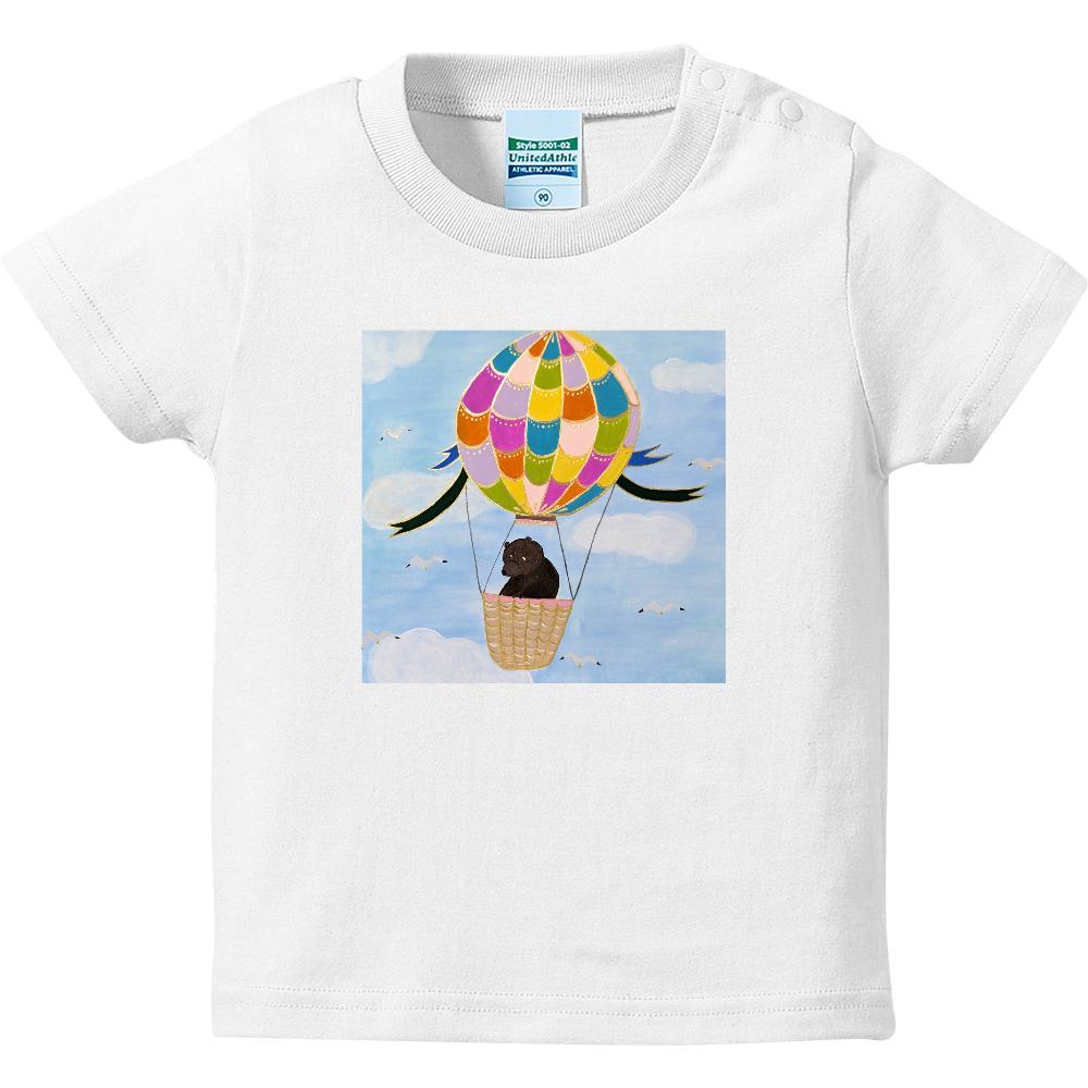 「着る絵本」ベビーTシャツ（白）❘第五章「気球に乗って」❘ 磁器絵付け作家デザイン・出産祝い・誕生日ギフト（90cm））