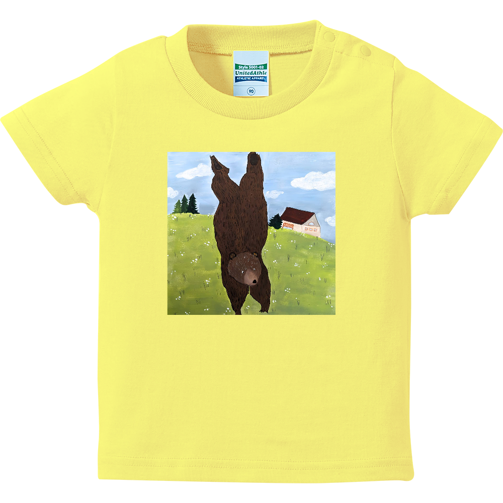 「着る絵本」ベビーTシャツ（ライトイエロー）❘第三章「逆立ちでも」❘ 磁器絵付け作家デザイン・出産祝い・誕生日ギフト（90cm））