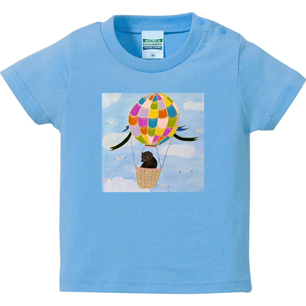 「着る絵本」ベビーTシャツ（サックス）❘第五章「気球に乗って」❘ 磁器絵付け作家デザイン・出産祝い・誕生日ギフト（90cm））