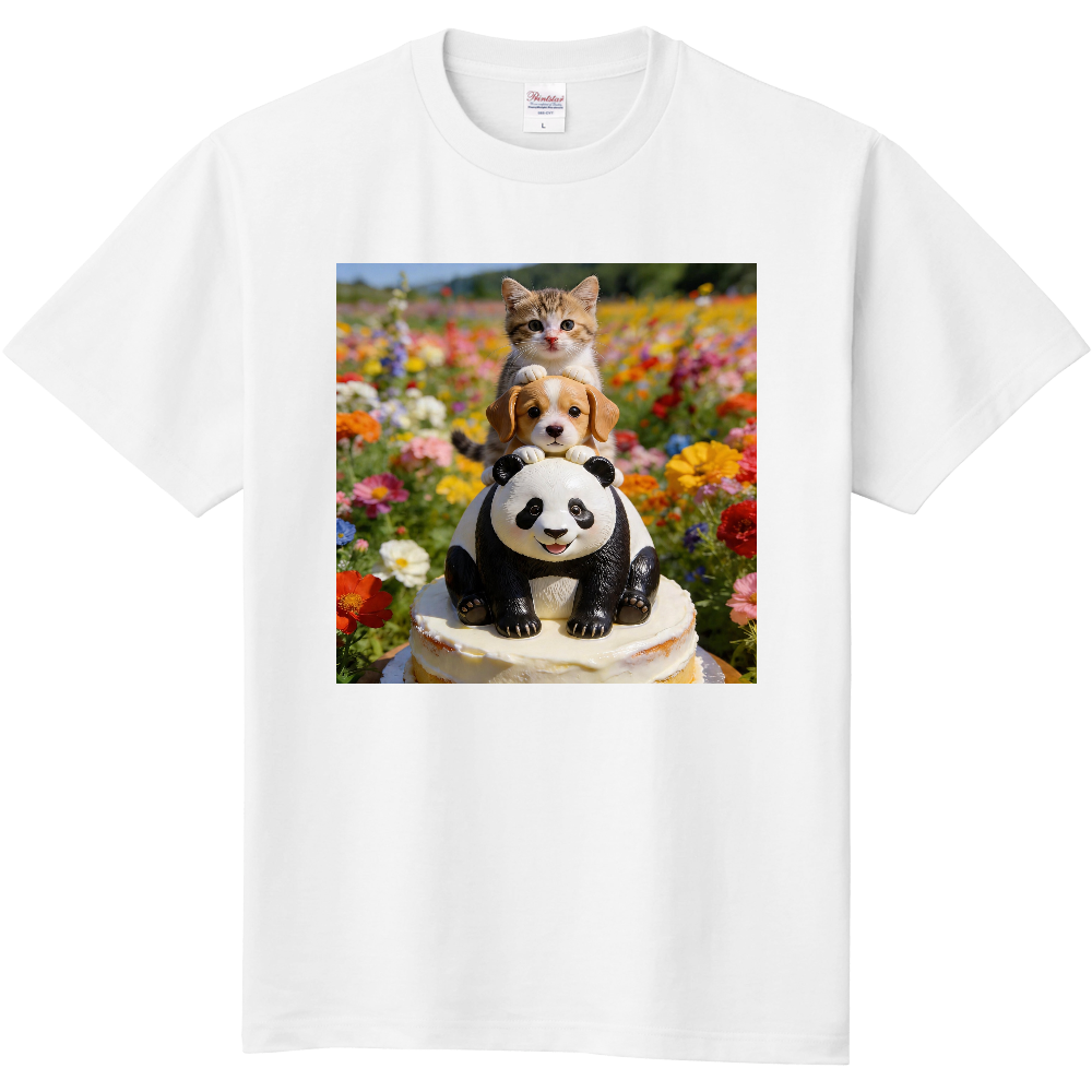子猫と子犬と子パンダの仲良しTシャツ