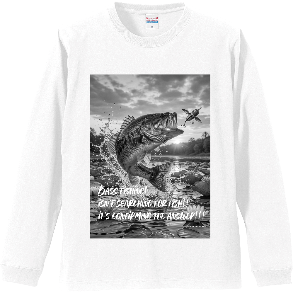 【フィッシング長袖Tシャツ ブラックバス釣り】モノクロ