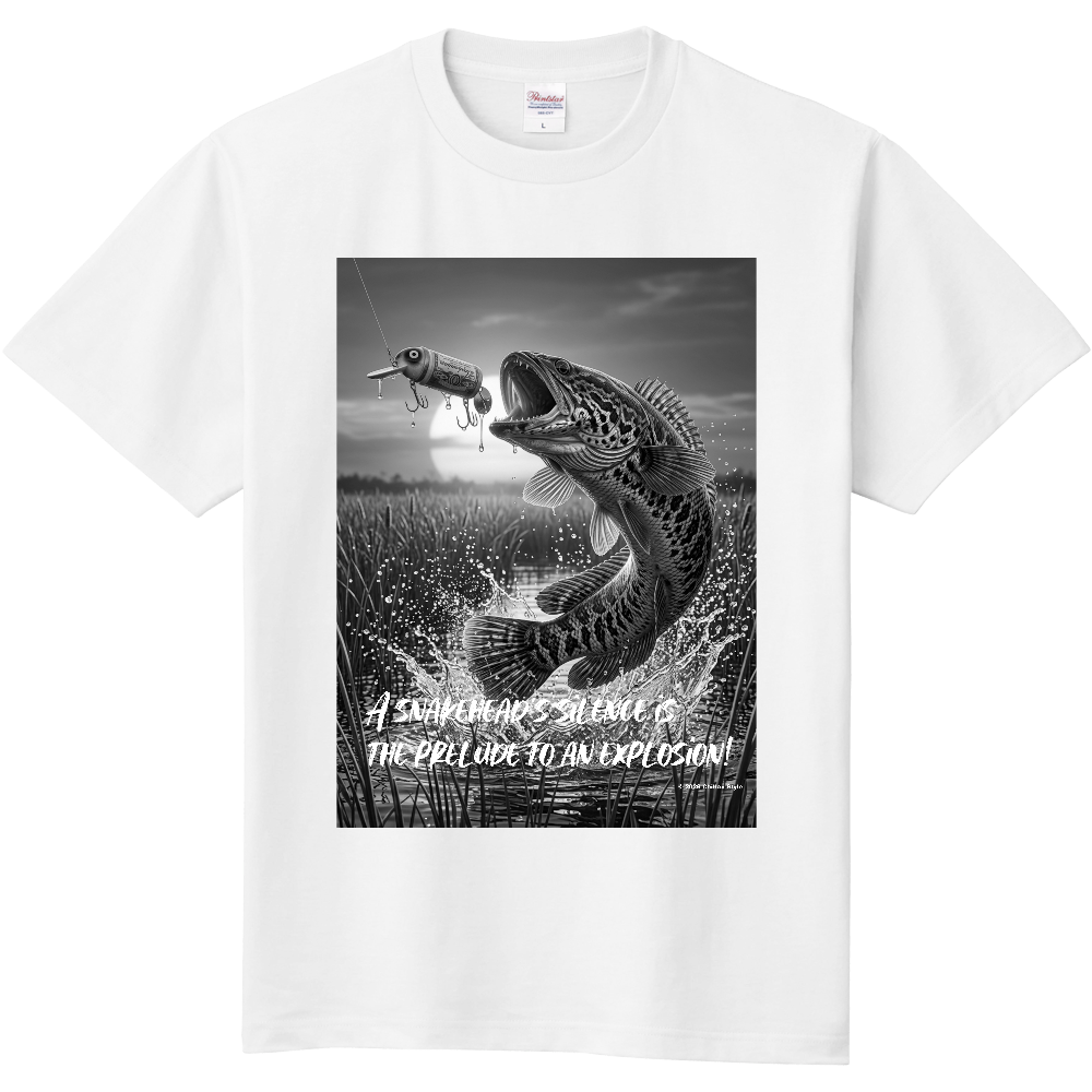 【フィッシングTシャツ 雷魚釣り】モノクロ