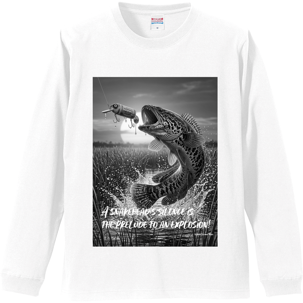 【フィッシング長袖Tシャツ 雷魚釣り】モノクロ