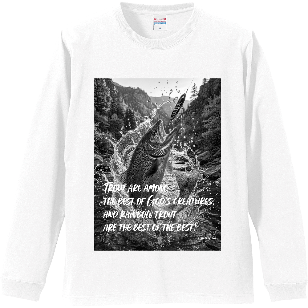 【フィッシング長袖Tシャツ ニジマス釣り】モノクロ