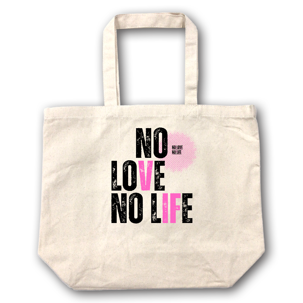 【NO LOVE NO LIFE】キャンバス トートバッグ(選べる2サイズ M/L)12oz マチ付 ナチュラル