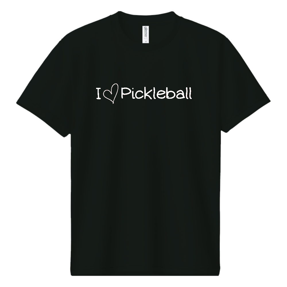 （表のみ）I ♡ Pickleball（手書き風）ドライTシャツ黒イメージ