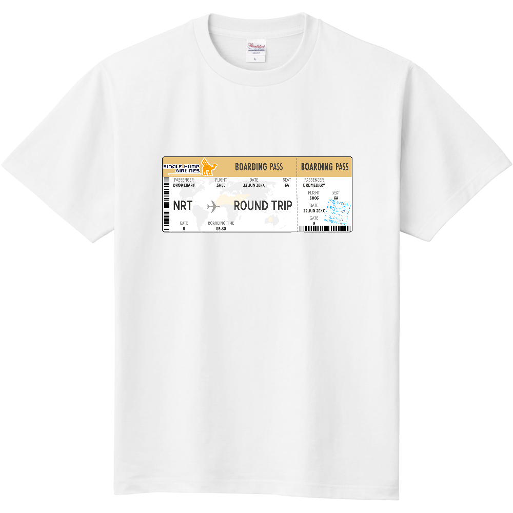 エアチケットＴシャツ＜出国スタンプ付き・水平・前面＞