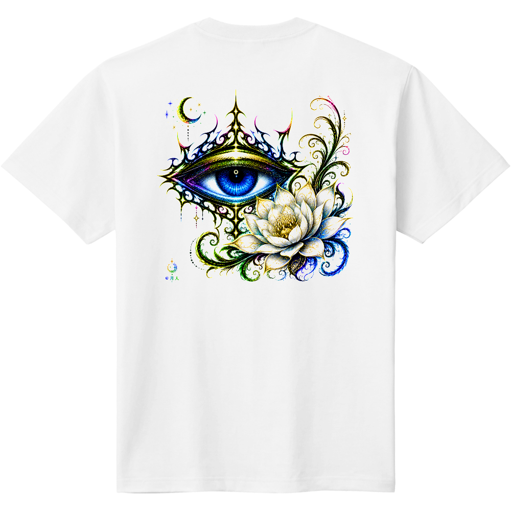 月下の蒼眼トライバル ホワイトTシャツ|神秘の瞳デザイン
