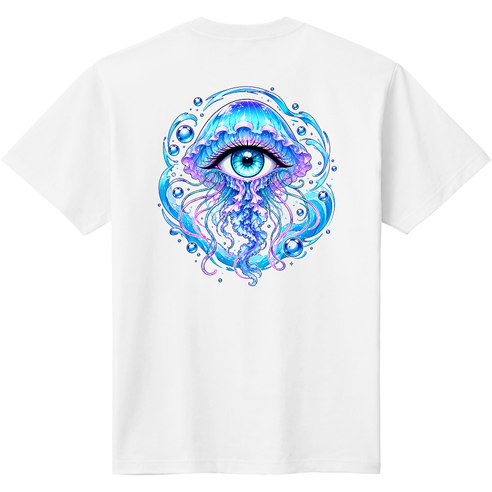 神秘海月の瞳 ホワイトTシャツ|深海アクアブルー・バックプリント