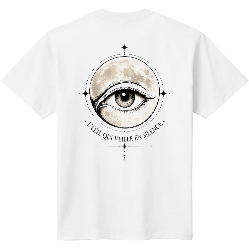 月の瞳 ホワイトTシャツ|静かに見守るアートロゴ