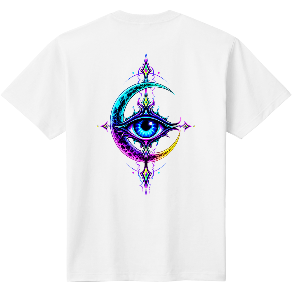 ムーンアイ・トライバル ホワイトTシャツ|神秘の三日月バックプリント
