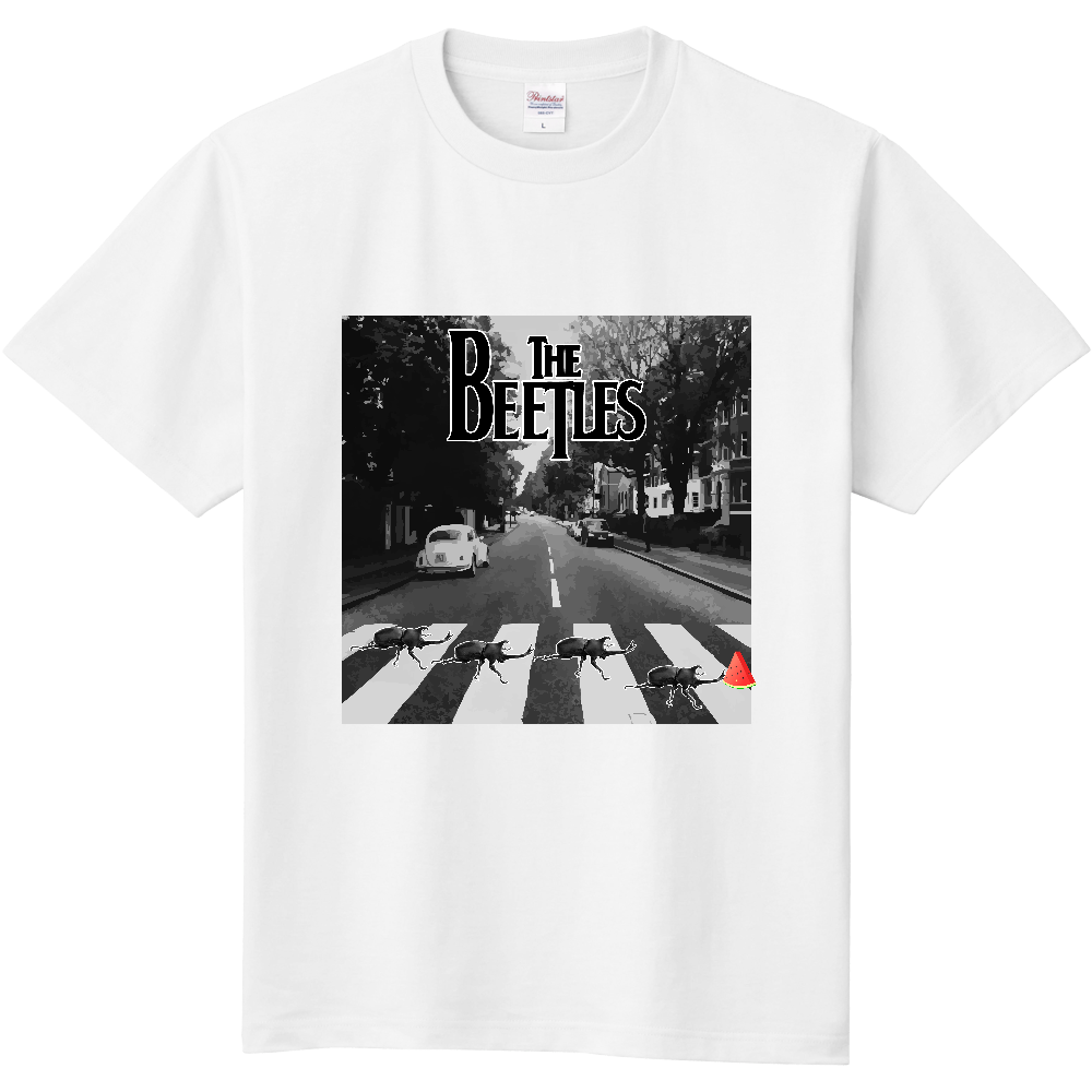 ビートルズ風カブトムシTシャツ<スイカモノクロ・前面>