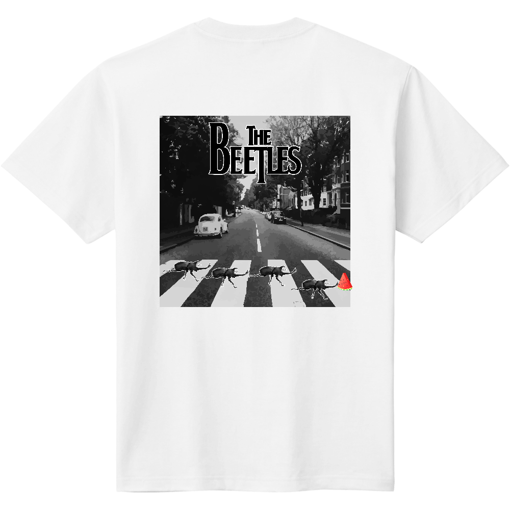 ビートルズ風カブトムシTシャツ<スイカモノクロ・背面>