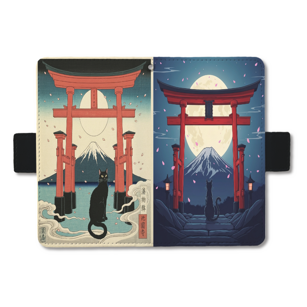 黒猫富士山鳥居月日浮世絵　	手帳ケース(汎用マルチスライド式パーツ) M