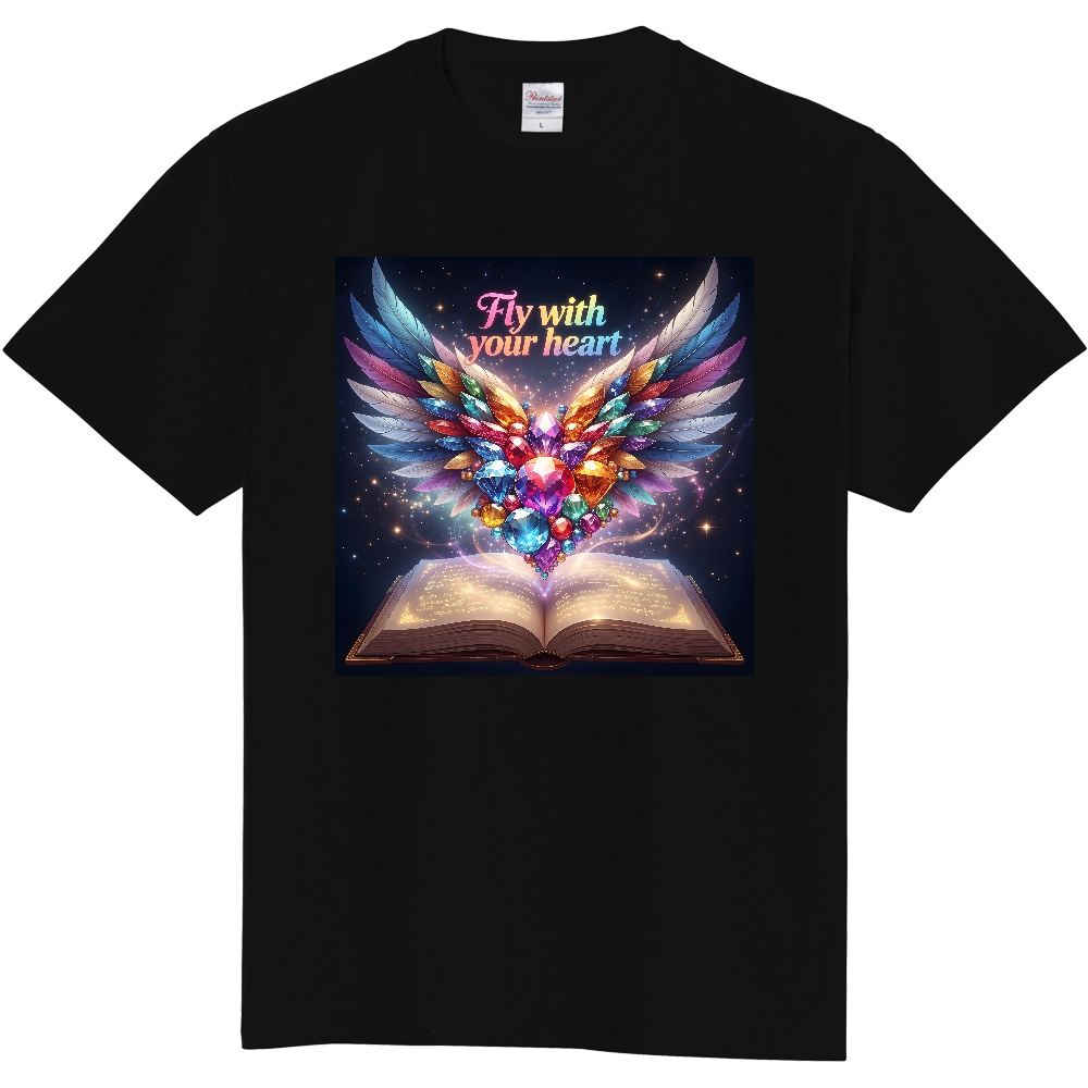 「Fly with your heart」 魔法の本と宝石の翼グラフィックTシャツ