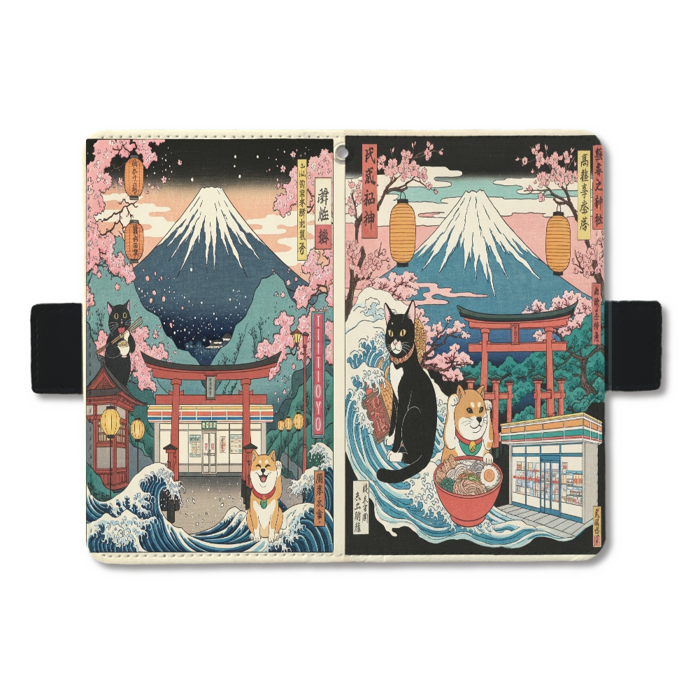 日本趣味　富士山黒猫柴犬鳥居　浮世絵　スマホ手帳ケース(汎用マルチスライド式パーツ) M