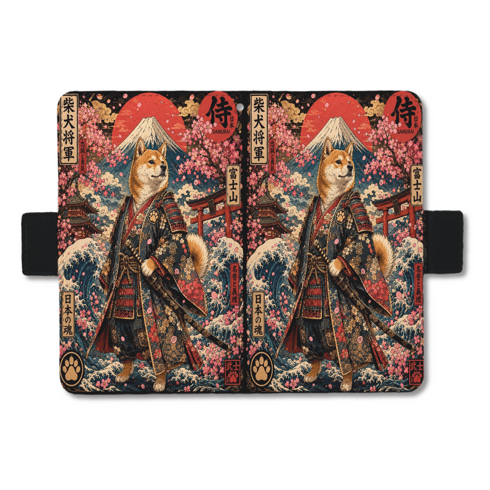 柴犬将軍富士山桜　浮世絵　スマホ手帳ケース(汎用マルチスライド式パーツ) M