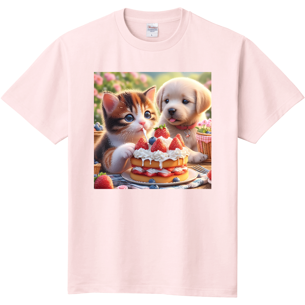 【いちごケーキと仲良し子猫・子犬アニマルグラフィックTシャツ】