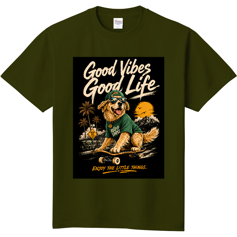 【Good Vibes スケーター犬とヤシの木のストリートグラフィックTシャツ】