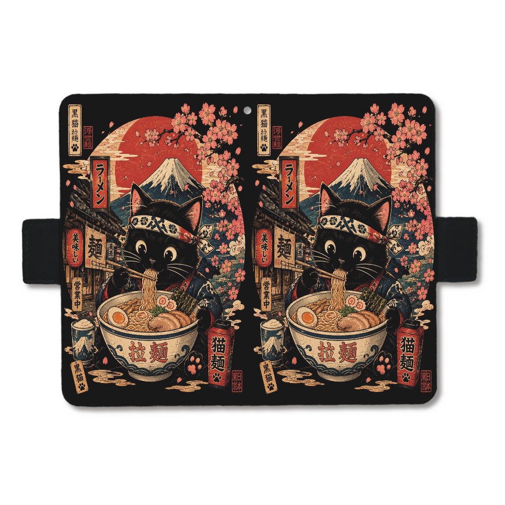 黒猫ラーメン富士山日の丸浮世絵 スマホ手帳ケース(汎用マルチスライド式パーツ) M