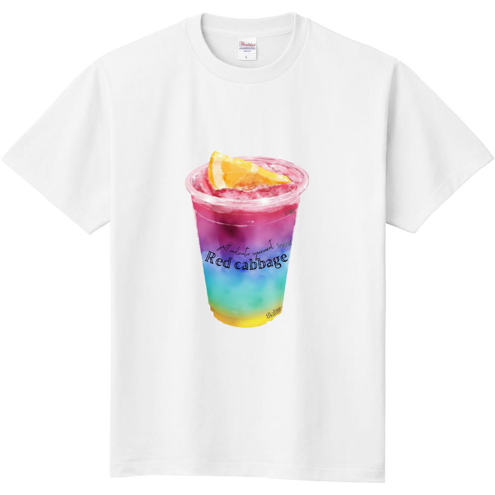 【120〜大人サイズ】紫キャベツの実験がわかるドリンク［絵柄大きめ］風Tシャツ