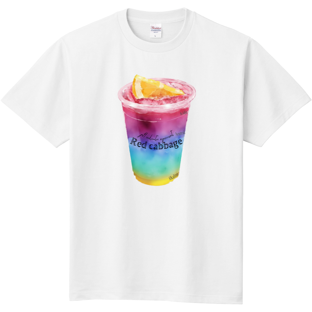 【120〜大人サイズ】紫キャベツの実験がわかるドリンク風Tシャツ［絵柄大、上め］