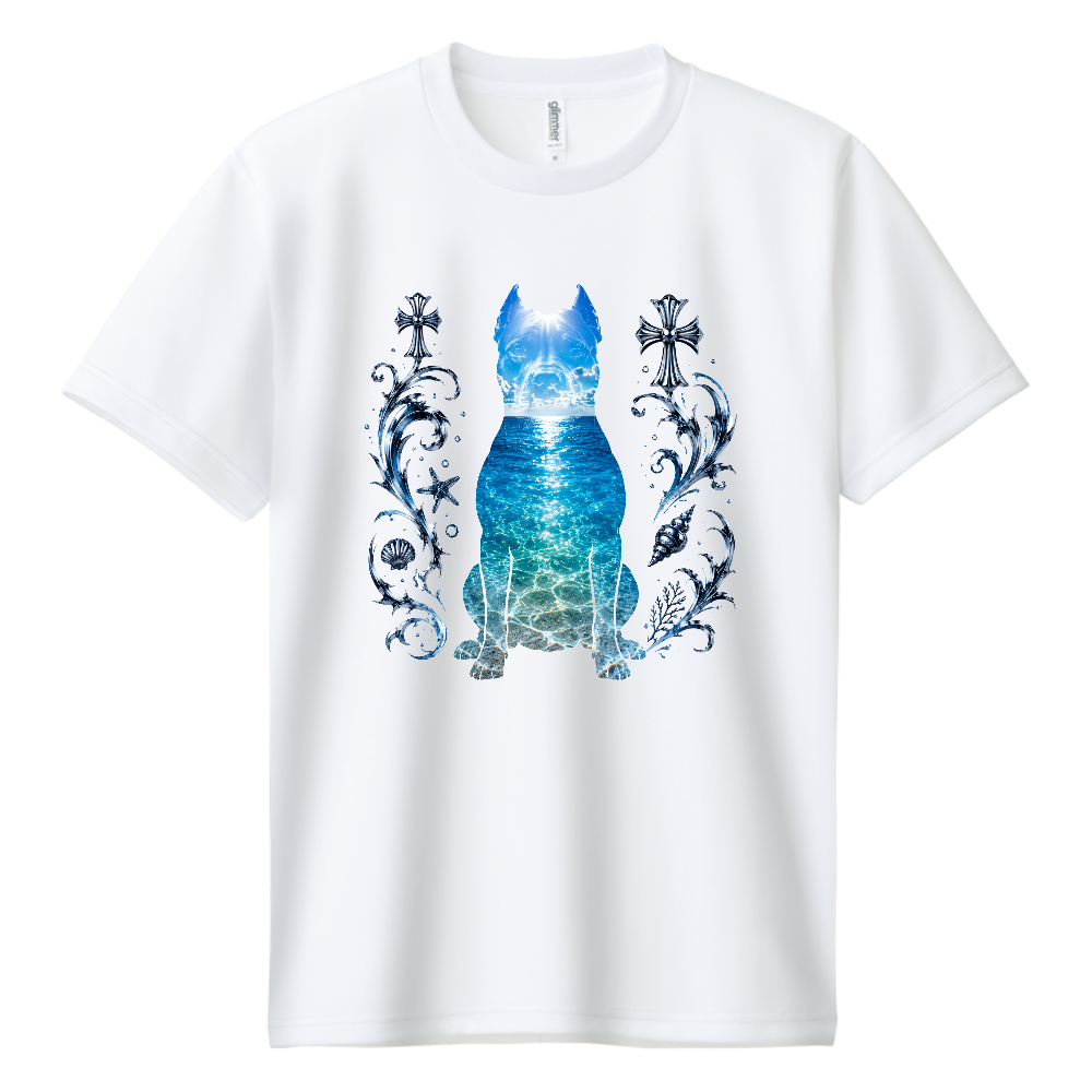 PIT BULL OCEAN BLOOM（ピットブル オーシャン ブルーム） 名前の意味 「Bloom＝咲き誇る」。夏の海の美しさと、ピットブルの力強さ・優しさが一つになった、爽やかで可愛らしいデザインを表現しています。